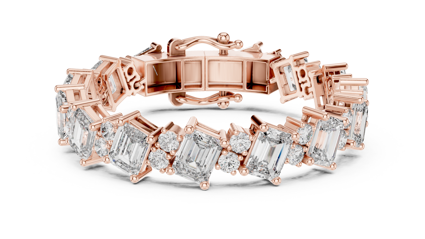 27.44CTW Diagonal Emerald & Round Diamond Bracelet | Solid Gold