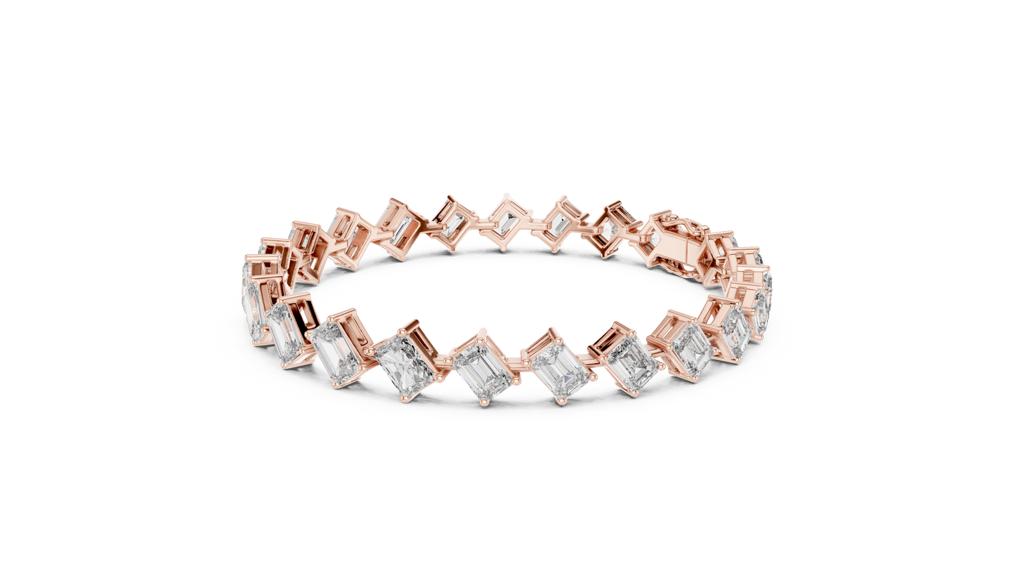 13.73CTW Alternating Diagonal Emerald Cut Diamond Tennis Bracelet in Yellow Gold