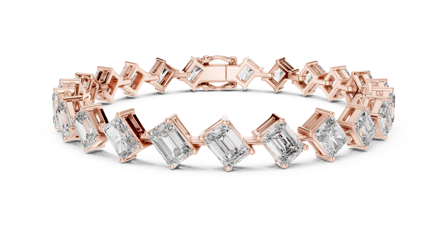 13.73CTW Alternating Diagonal Emerald Cut Diamond Tennis Bracelet in Yellow Gold