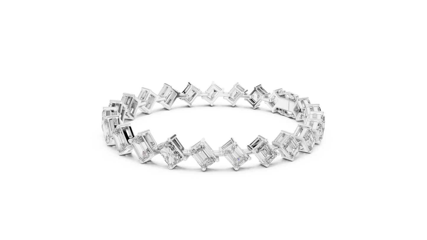 13.73CTW Alternating Diagonal Emerald Cut Diamond Tennis Bracelet in Yellow Gold