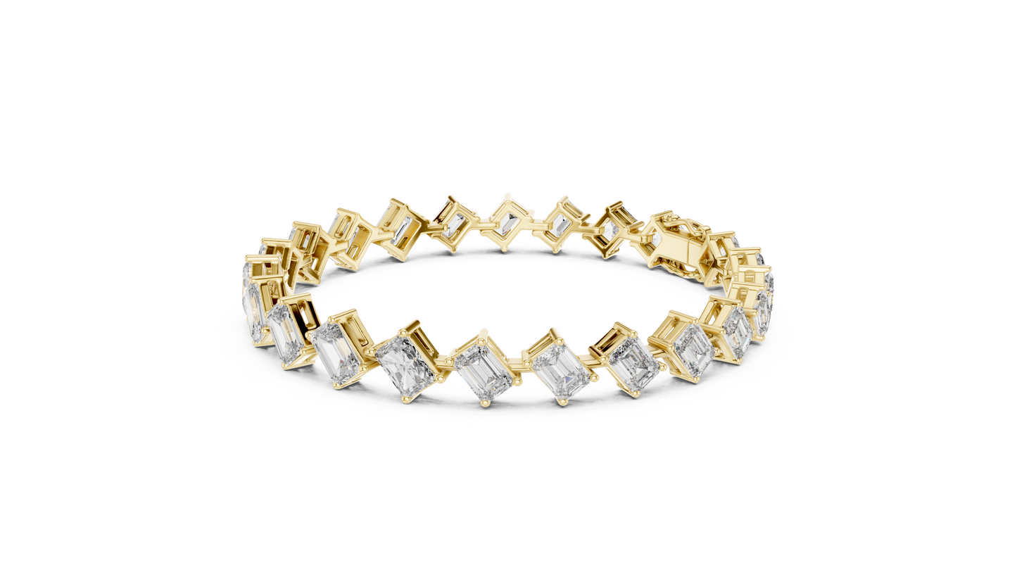 13.73CTW Alternating Diagonal Emerald Cut Diamond Tennis Bracelet in Yellow Gold