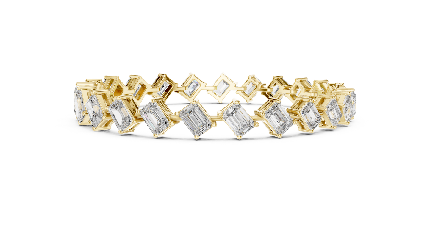 13.73CTW Alternating Diagonal Emerald Cut Diamond Tennis Bracelet in Yellow Gold