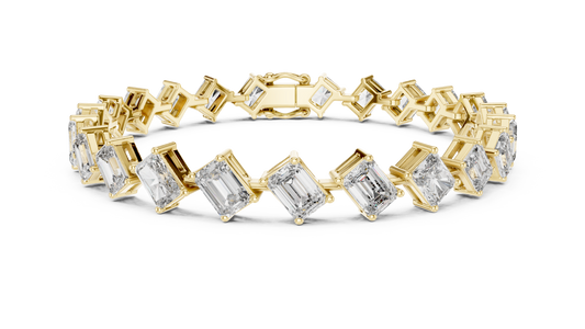 13.73CTW Alternating Diagonal Emerald Cut Diamond Tennis Bracelet in Yellow Gold