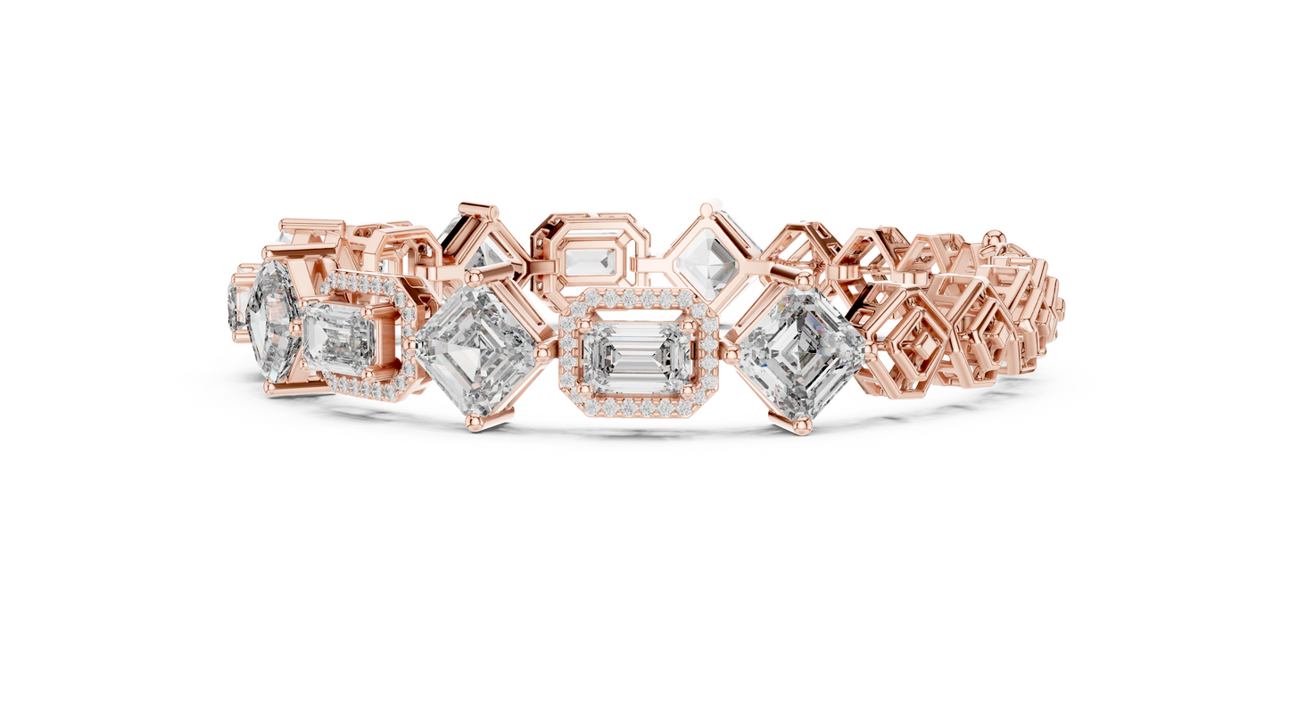 12.04CTW Alternating Emerald Cut Diamond Halo Bracelet - Yellow Gold
