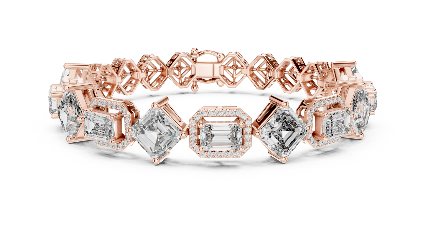 12.04CTW Alternating Emerald Cut Diamond Halo Bracelet - Yellow Gold