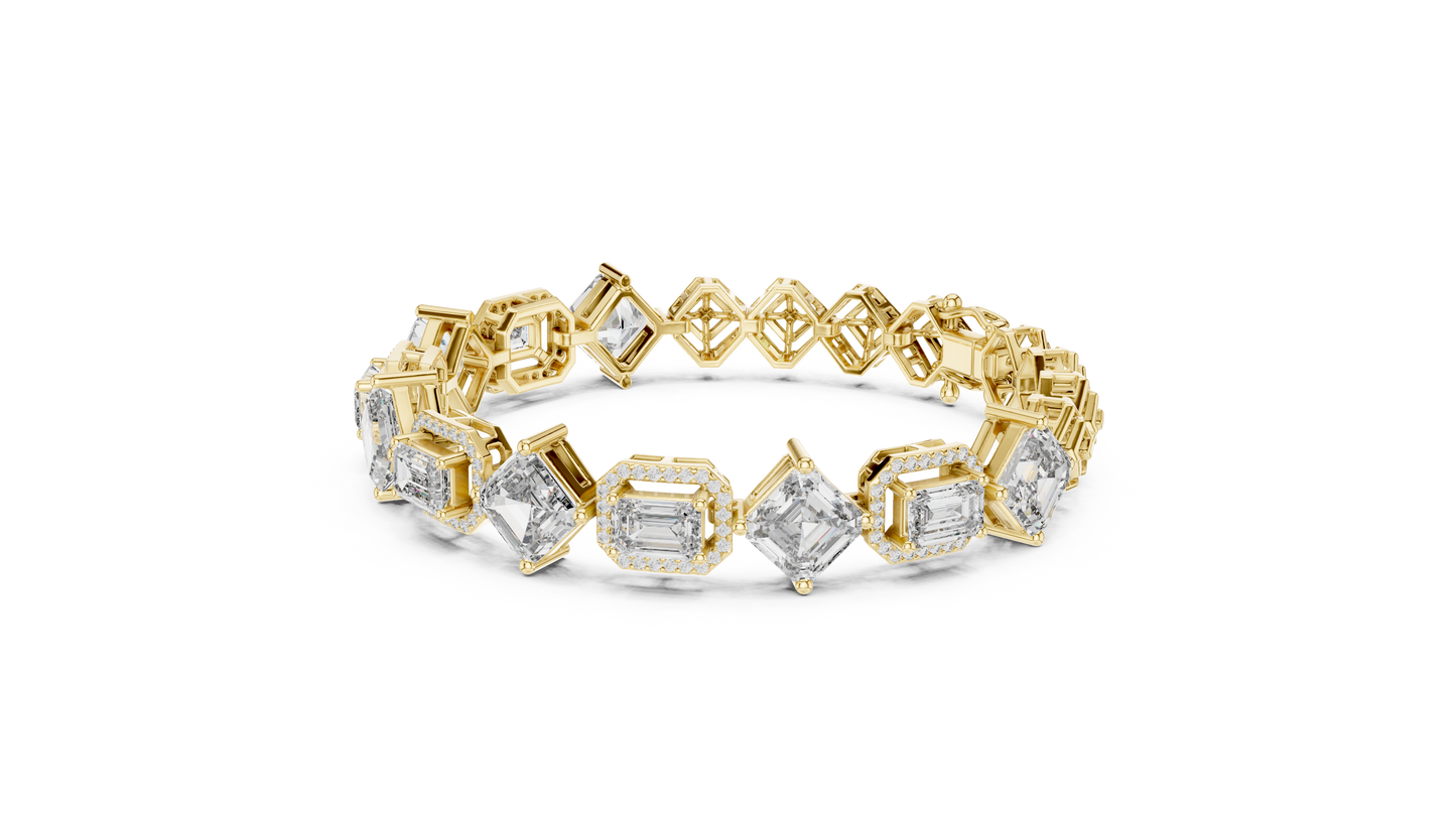 12.04CTW Alternating Emerald Cut Diamond Halo Bracelet - Yellow Gold