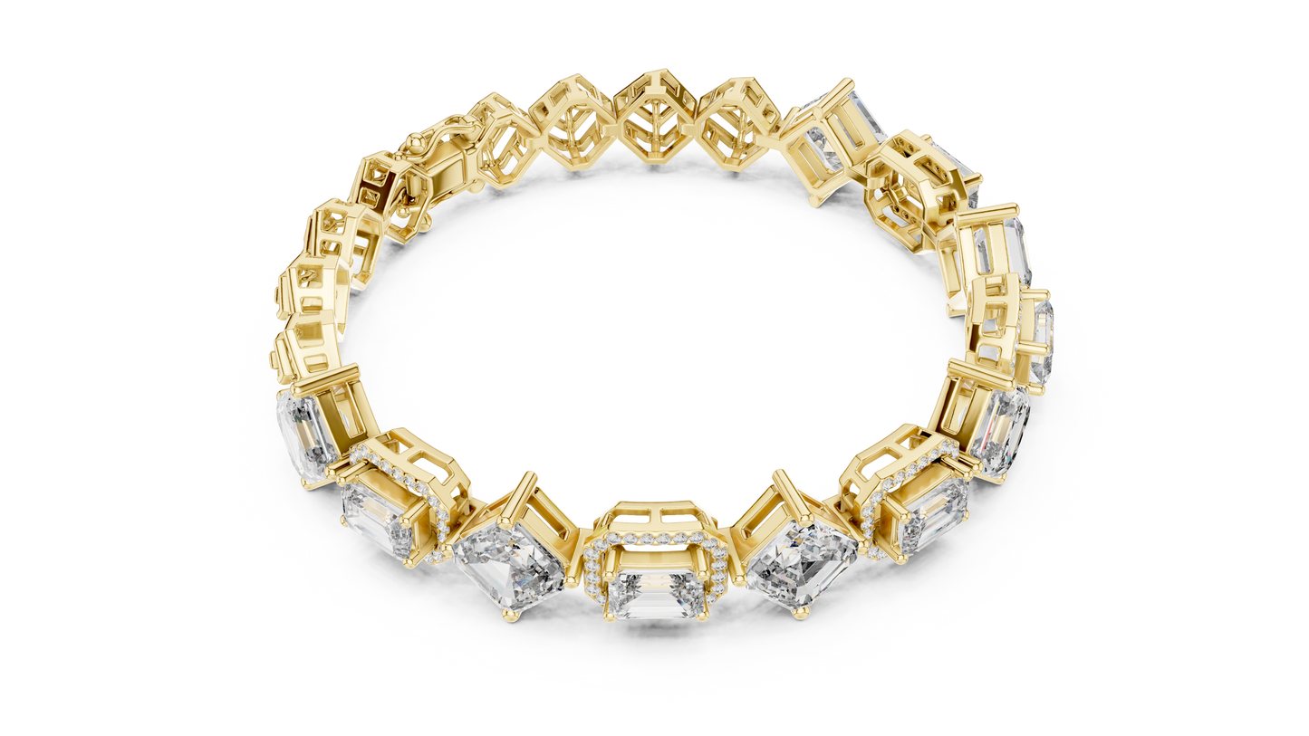 12.04CTW Alternating Emerald Cut Diamond Halo Bracelet - Yellow Gold