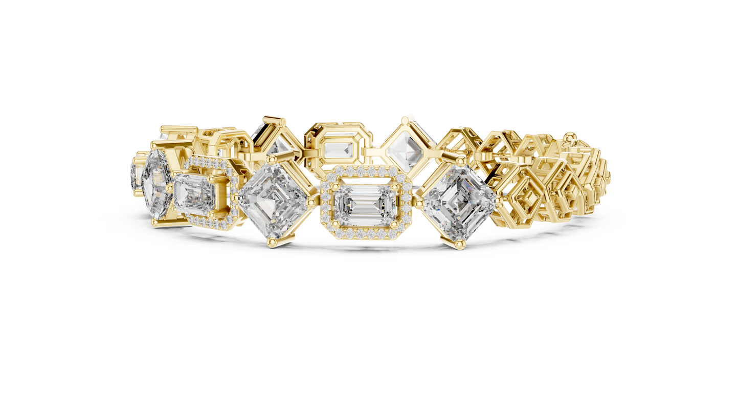 12.04CTW Alternating Emerald Cut Diamond Halo Bracelet - Yellow Gold