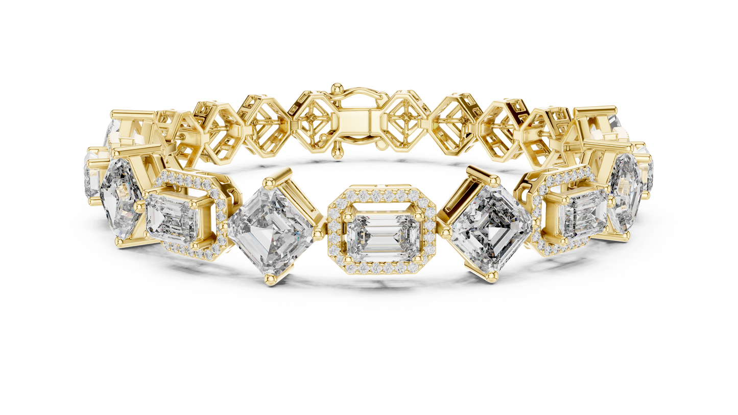 12.04CTW Alternating Emerald Cut Diamond Halo Bracelet - Yellow Gold