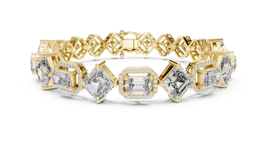 12.04 Carat Alternating Emerald Cut Diamond Halo Bracelet - Yellow Gold