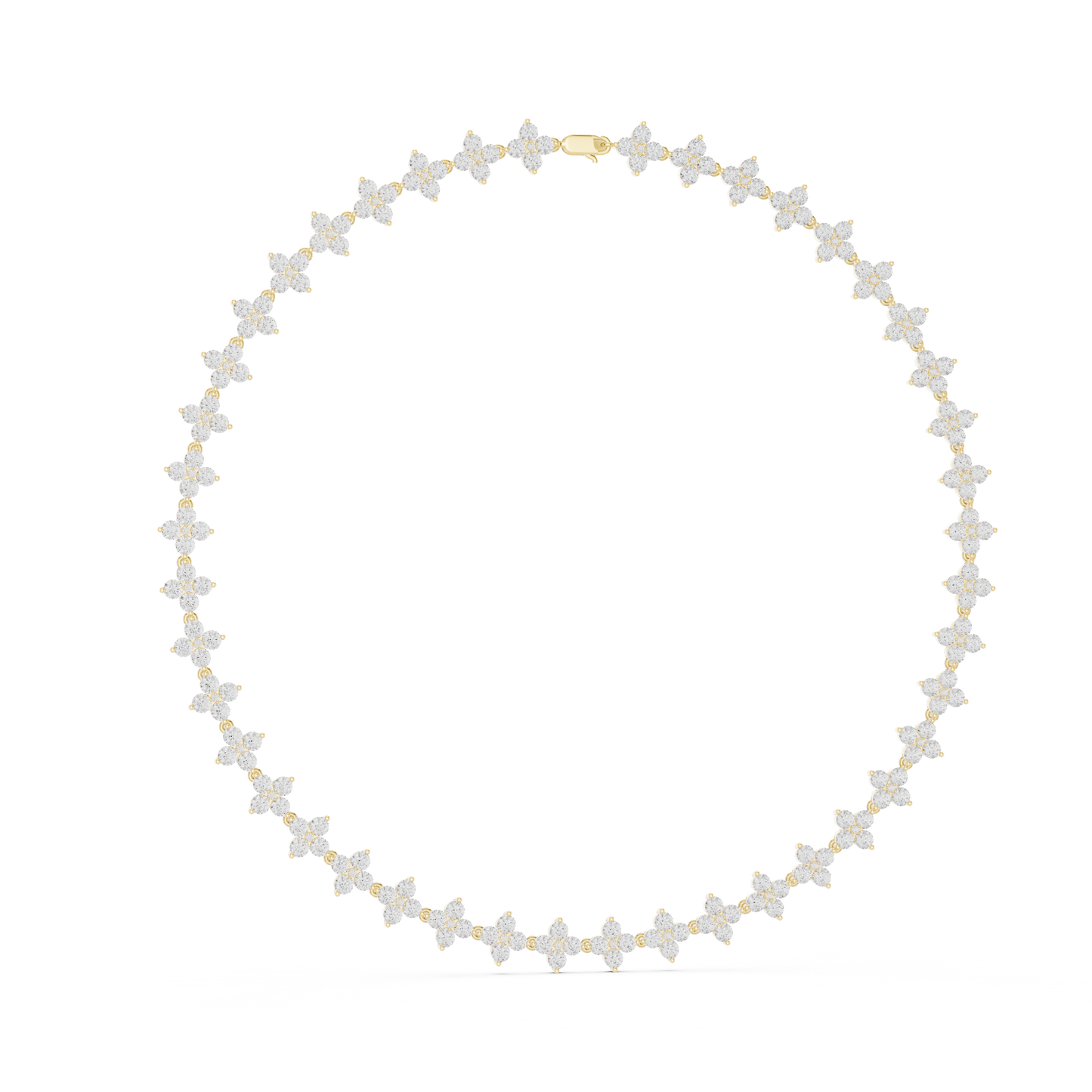Yellow Gold Sparkling Crystal Quatrefoil Flower Tennis Necklace 19.8ctw