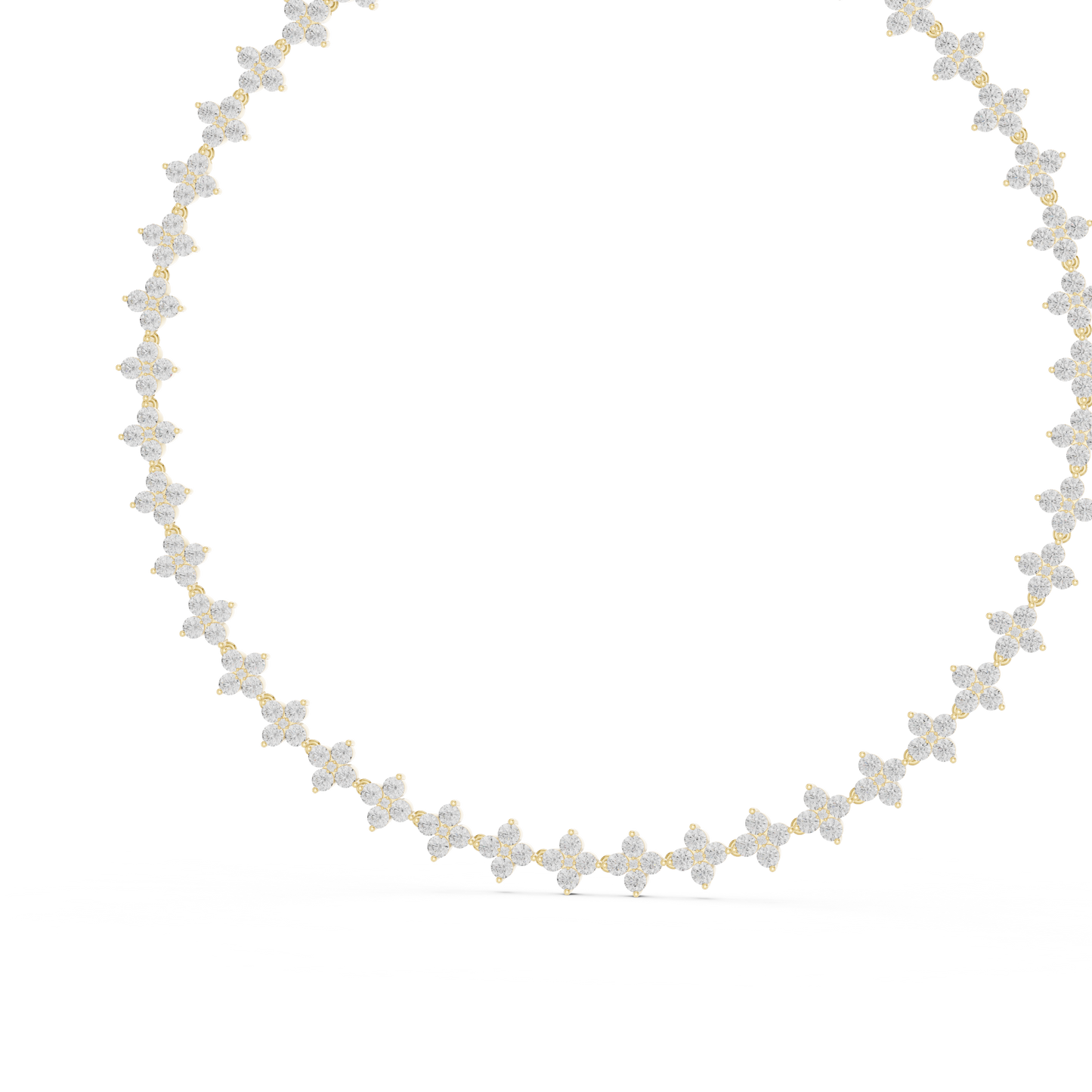 Yellow Gold Sparkling Crystal Quatrefoil Flower Tennis Necklace 19.8ctw
