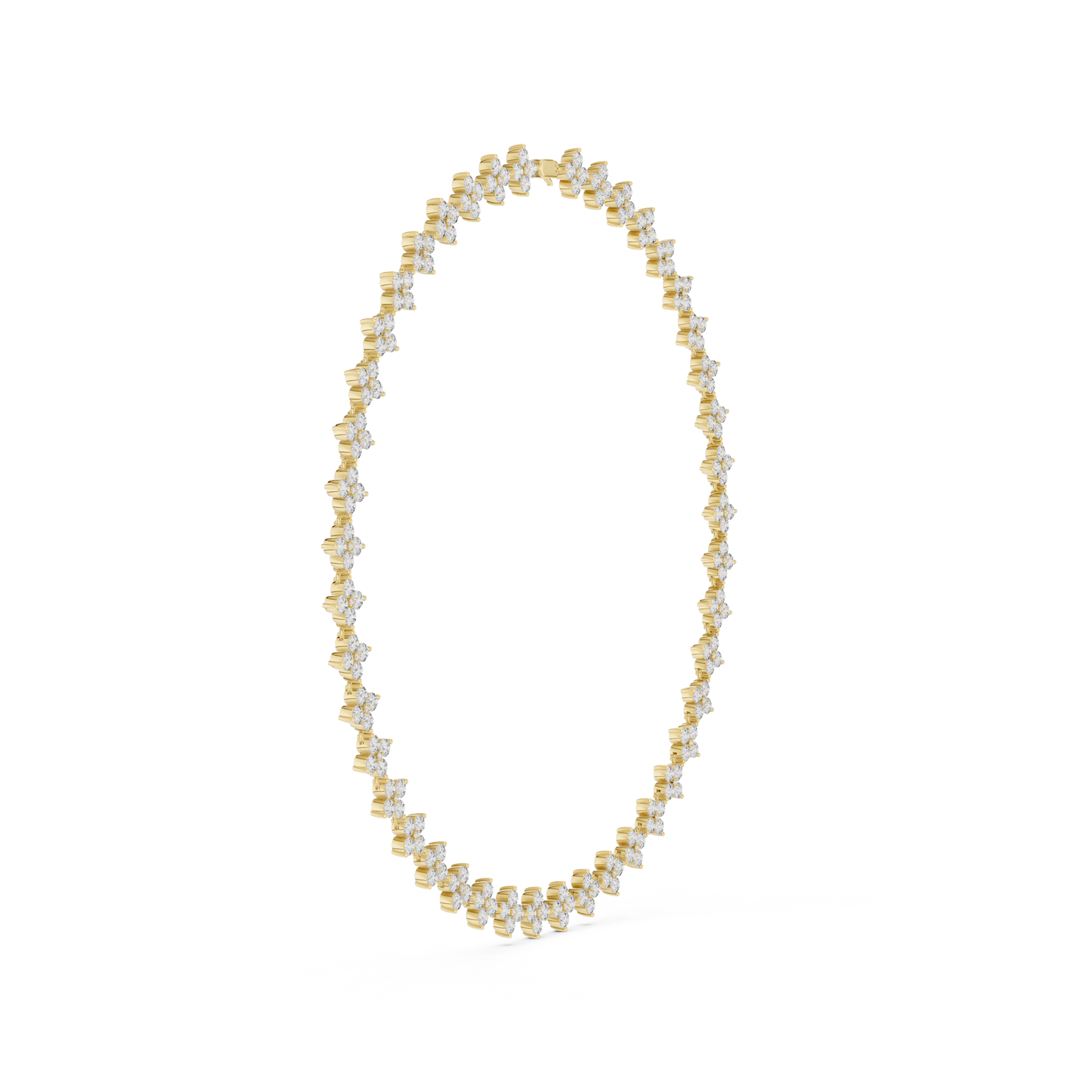 Yellow Gold Sparkling Crystal Quatrefoil Flower Tennis Necklace 19.8ctw