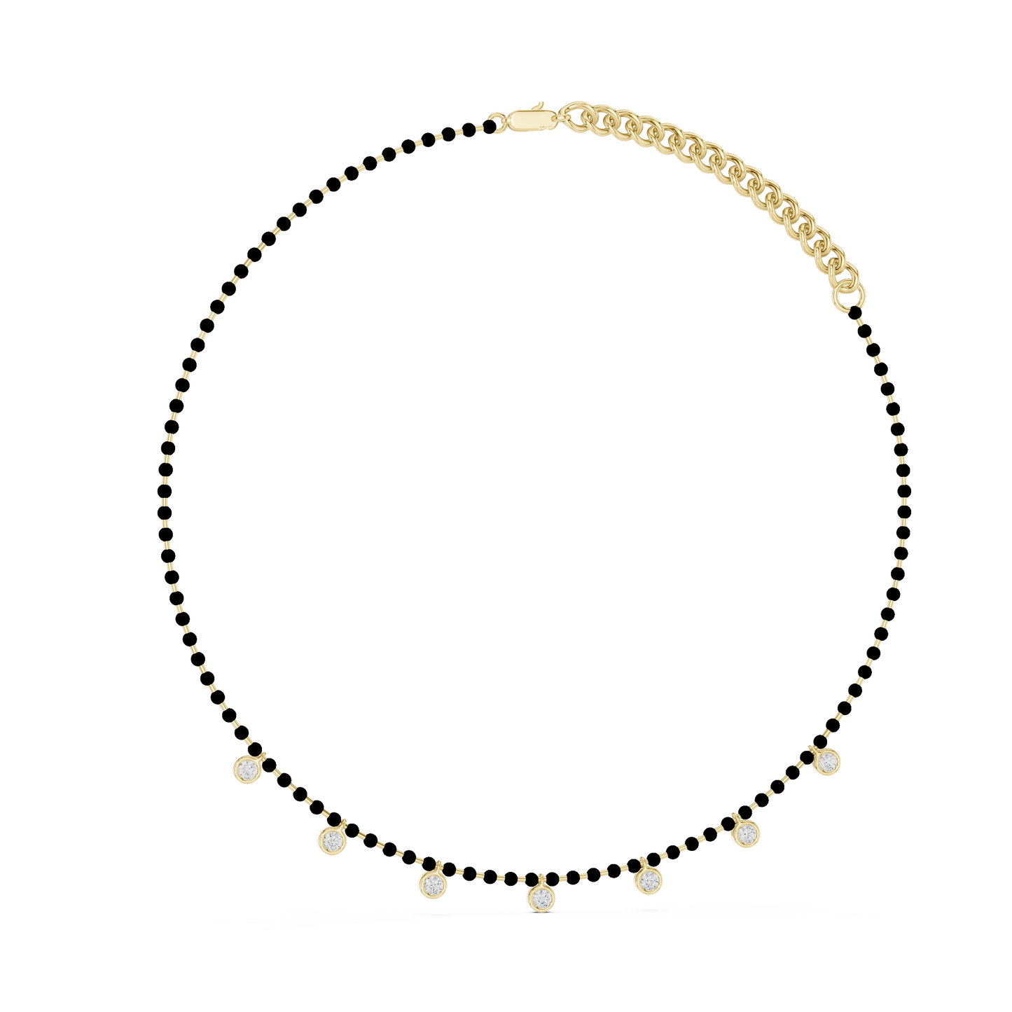 Yellow Gold Modern Mangalsutra Necklace | Black Beads & Bezel Diamond Charms 0.77ctw