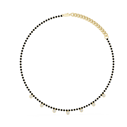 Yellow Gold Modern Mangalsutra Necklace | Black Beads & Bezel Diamond Charms 0.77ctw