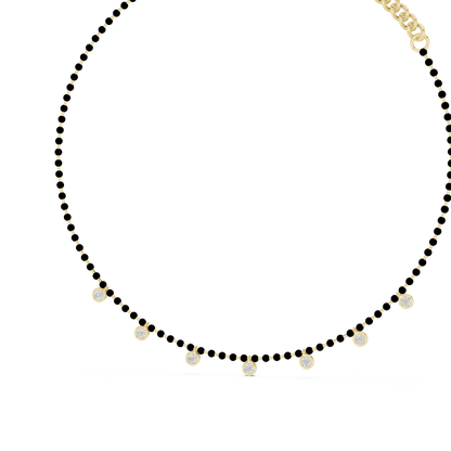 Yellow Gold Modern Mangalsutra Necklace | Black Beads & Bezel Diamond Charms 0.77ctw