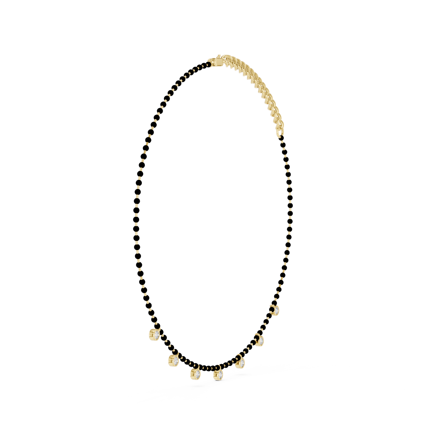 Yellow Gold Modern Mangalsutra Necklace | Black Beads & Bezel Diamond Charms 0.77ctw