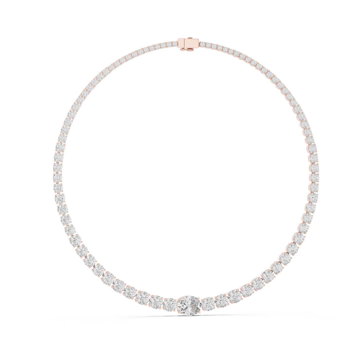 Yellow Gold Graduated Round & Oval Cut Diamond Tennis Necklace 26.82ctw