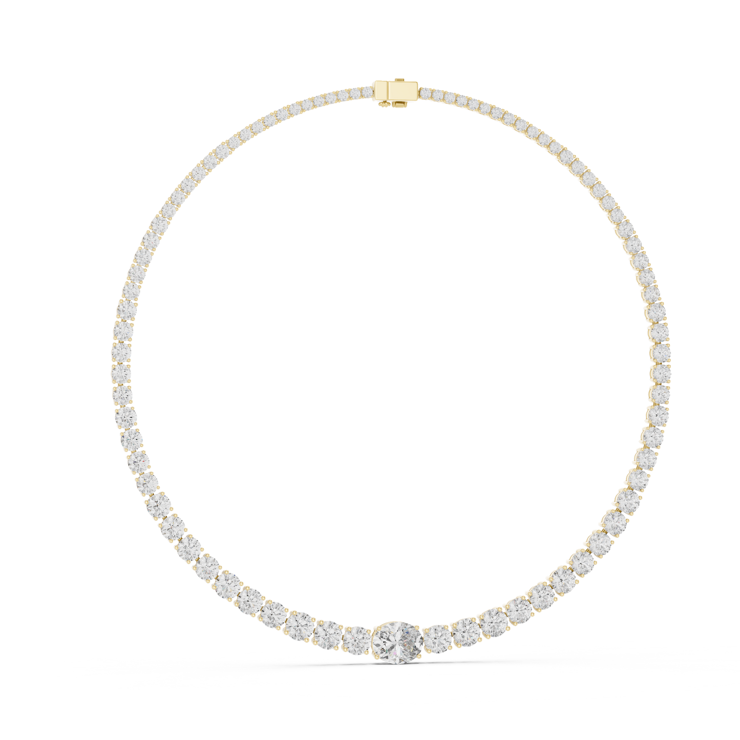 Yellow Gold Graduated Round & Oval Cut Diamond Tennis Necklace 26.82ctw