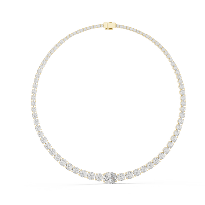 Yellow Gold Graduated Round & Oval Cut Diamond Tennis Necklace 26.82ctw