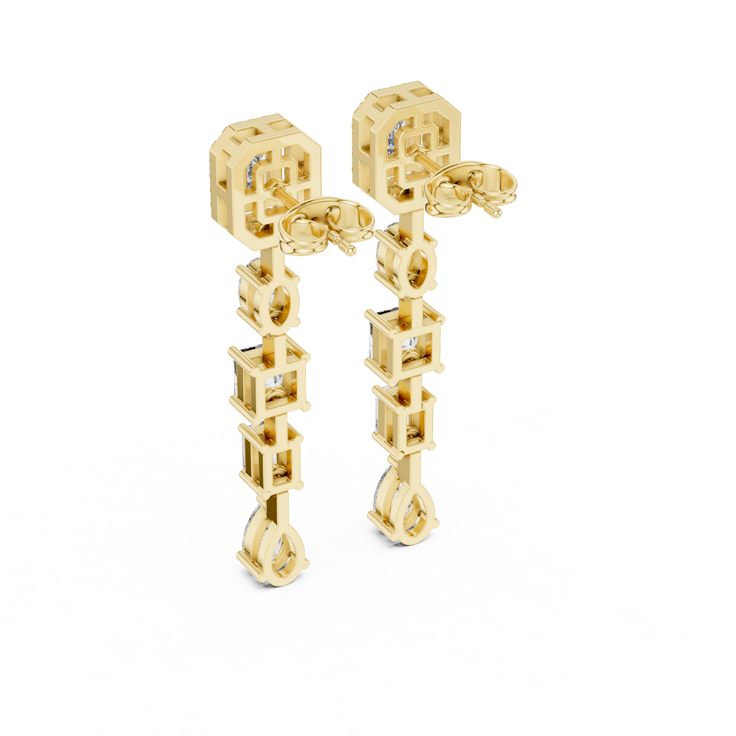 3.10ctw Mixed Shape Multi Diamond Linear Drop Earrings - Yellow Gold