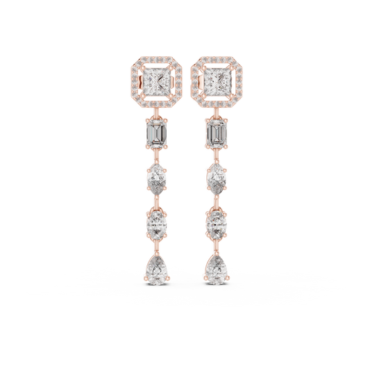 2.81 Carat Mixed Shape Multi Diamond Linear Drop Earrings - Yellow Gold