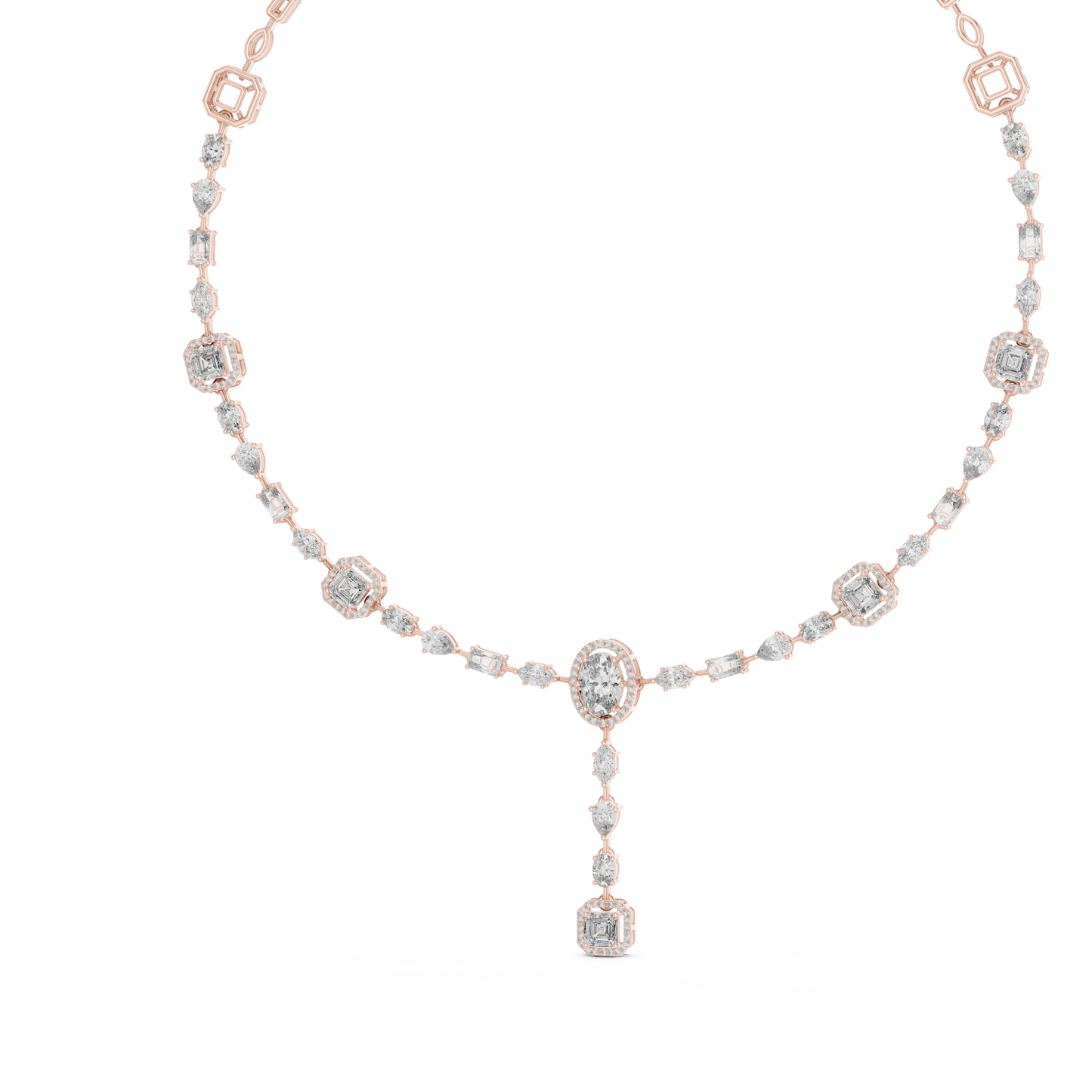 Yellow Gold Multi-Cut Diamond Halo Y-Necklace - 12.06ctw