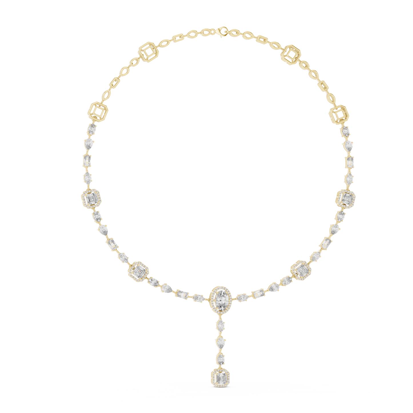 Yellow Gold Multi-Cut Diamond Halo Y-Necklace - 12.06ctw