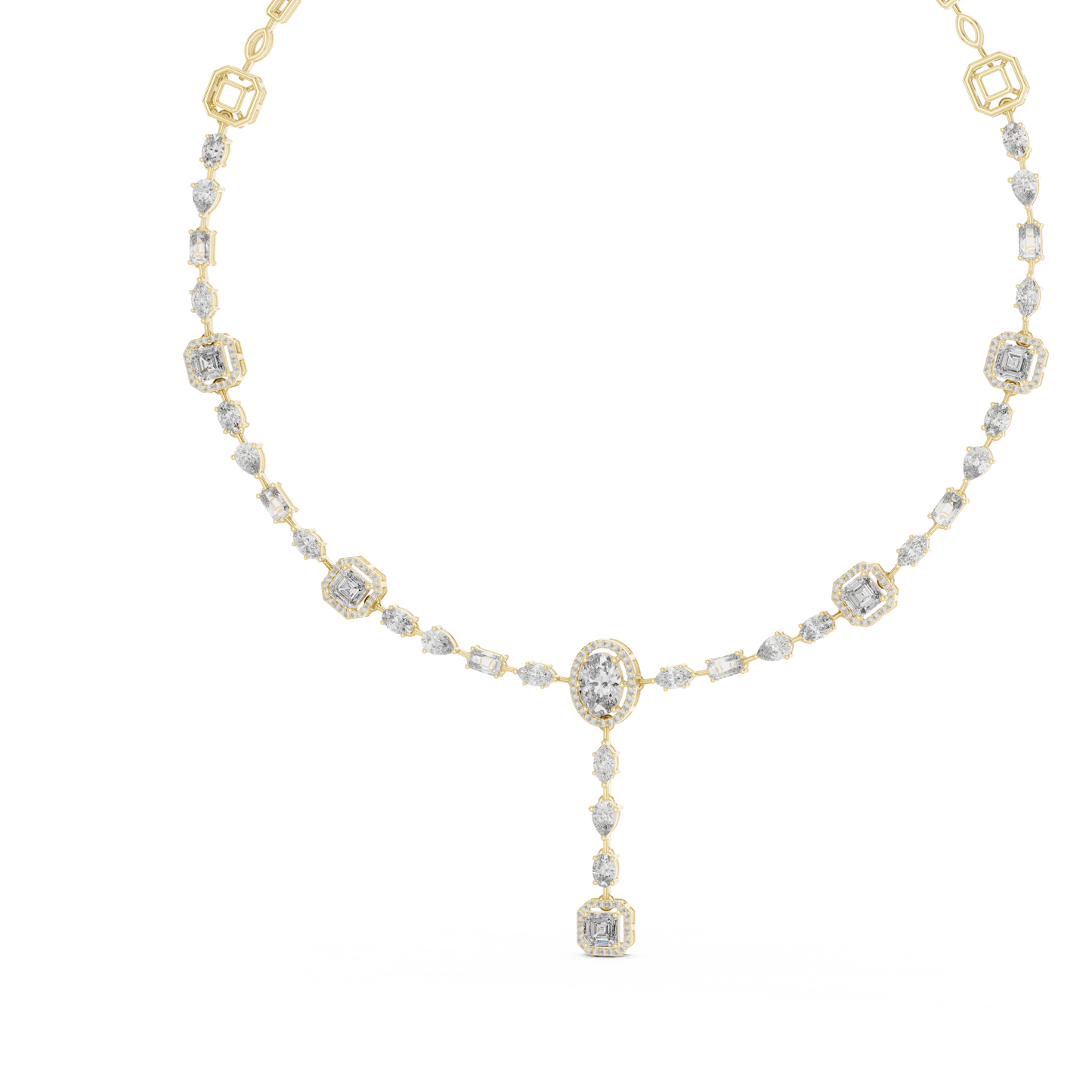 Yellow Gold Multi-Cut Diamond Halo Y-Necklace - 12.06ctw