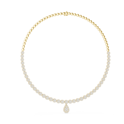 Yellow Gold Pave Halo Tennis Necklace with Teardrop Pendant 7.88ctw