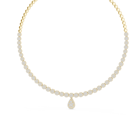Yellow Gold Pave Halo Tennis Necklace with Teardrop Pendant 7.88ctw