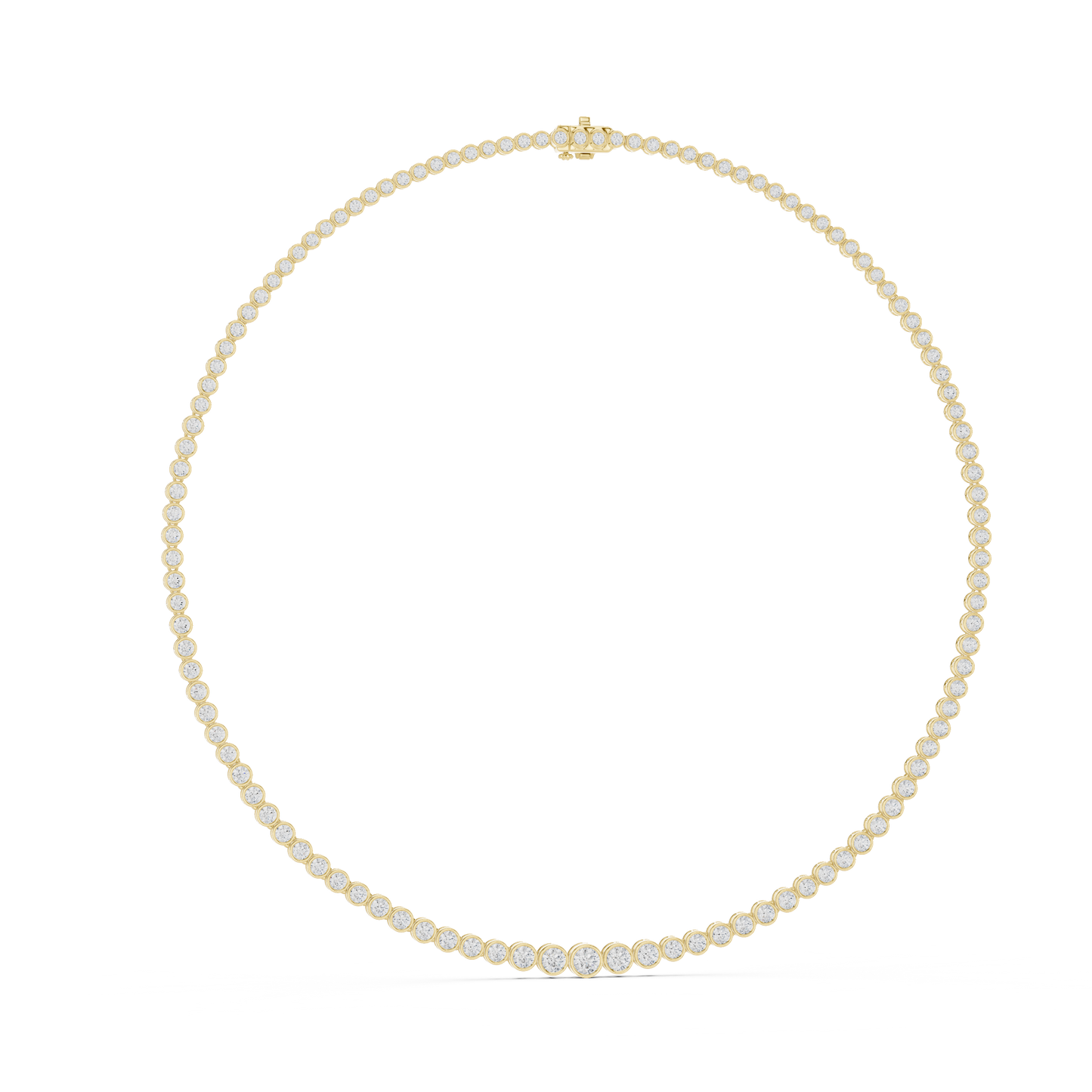 11.01ctw Yellow Gold Bezel Set Graduated Round Cut Tennis Necklace