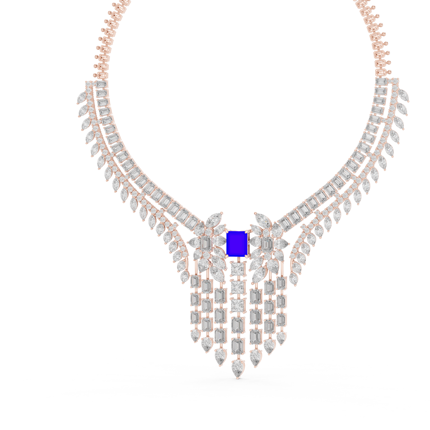 Yellow Gold Royal Blue Statement Necklace | Multi Shape Diamond Choker 82.28ctw
