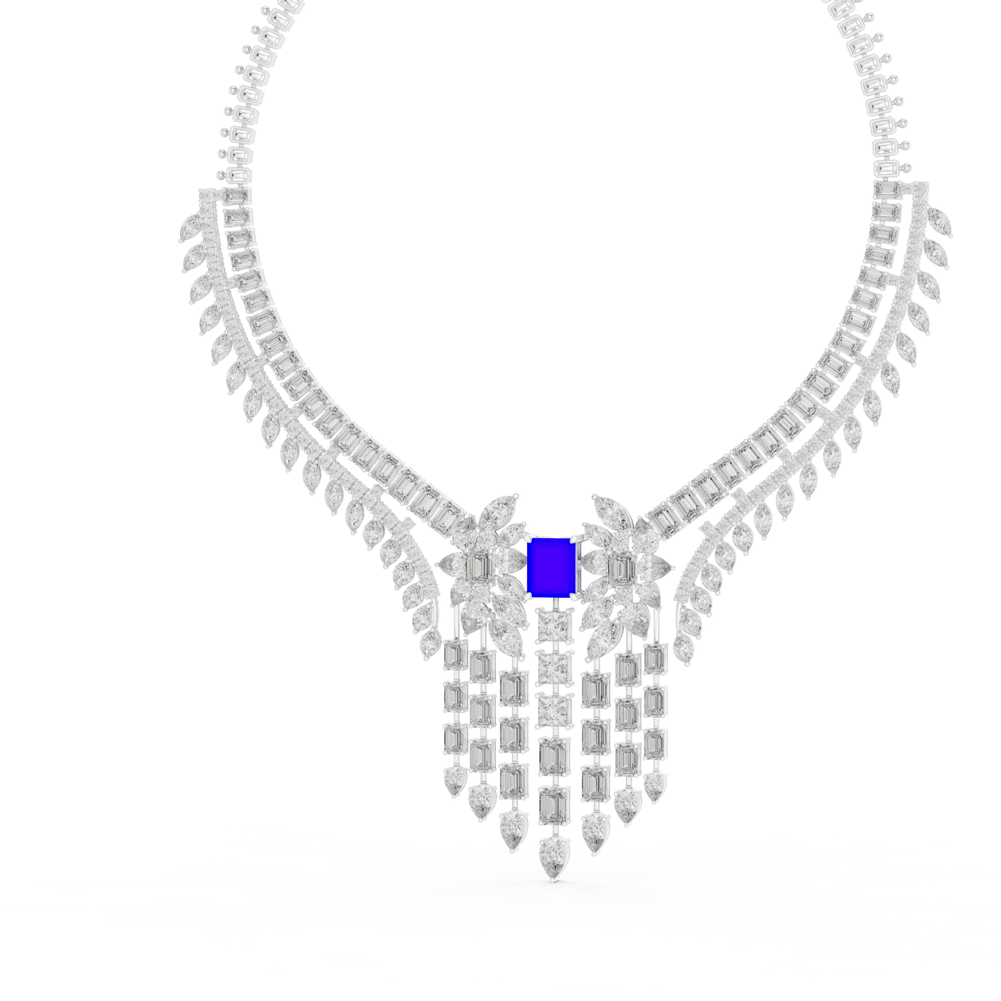 Yellow Gold Royal Blue Statement Necklace | Multi Shape Diamond Choker 82.28ctw