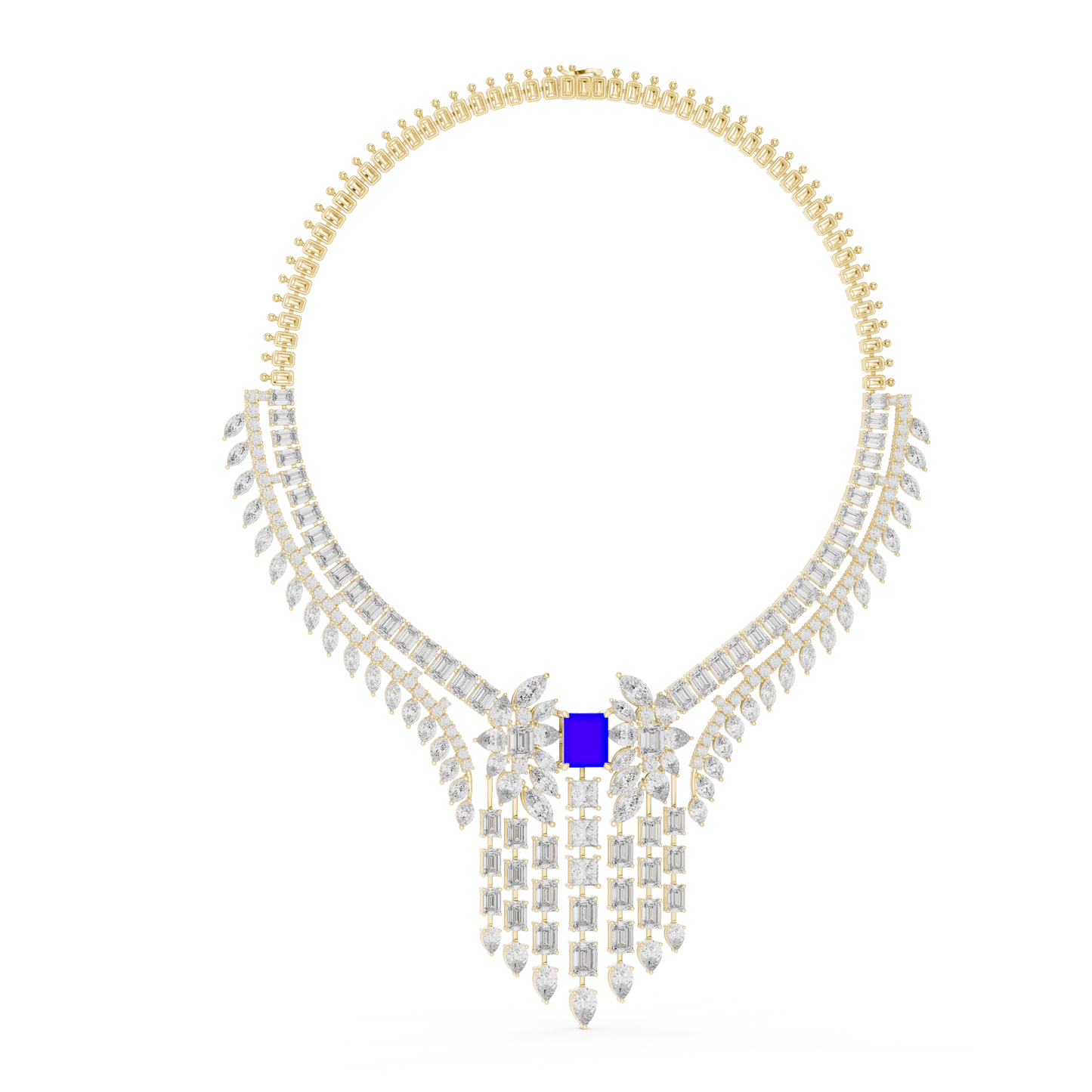Yellow Gold Royal Blue Statement Necklace | Multi Shape Diamond Choker 82.28ctw
