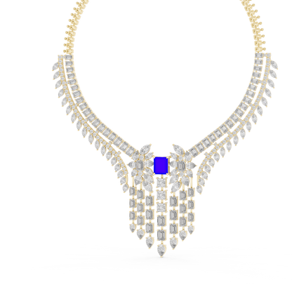 Yellow Gold Royal Blue Statement Necklace | Multi Shape Diamond Choker 82.28ctw