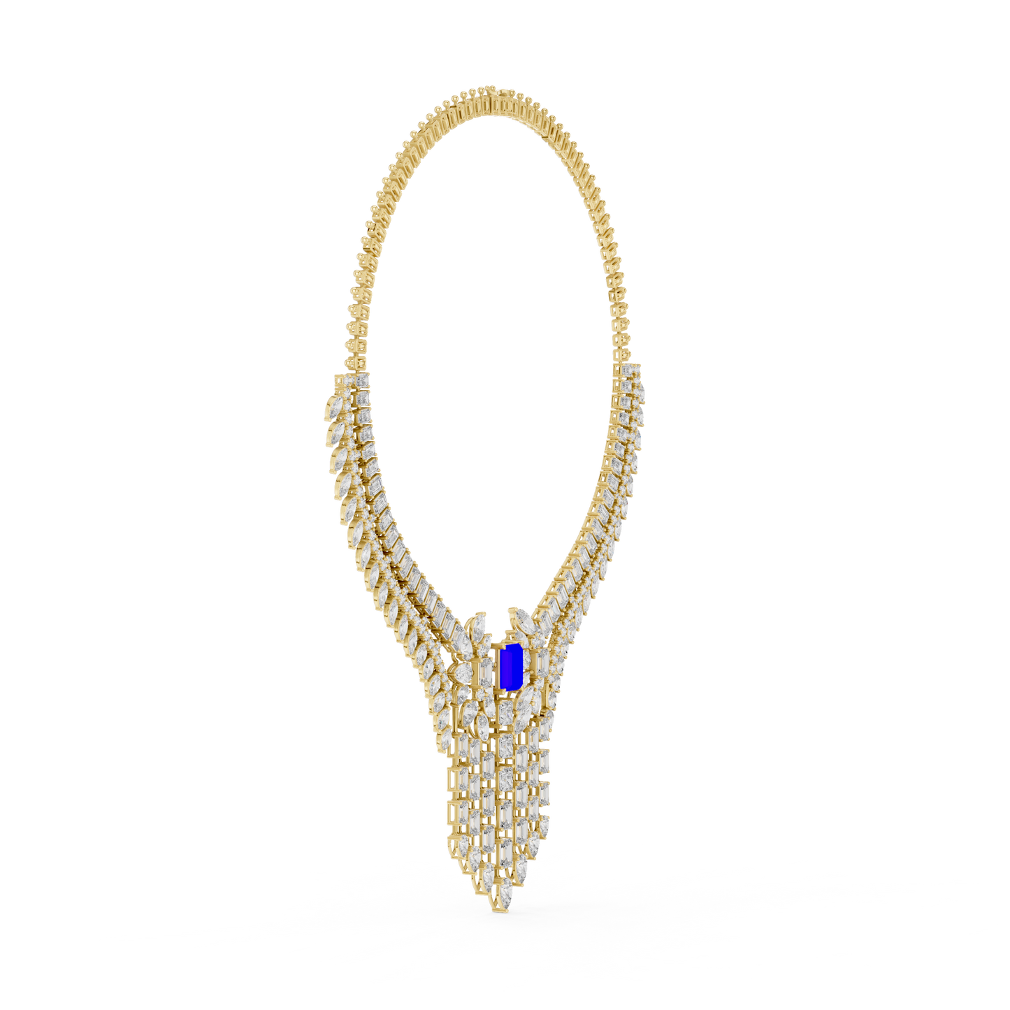 Yellow Gold Royal Blue Statement Necklace | Multi Shape Diamond Choker 82.28ctw
