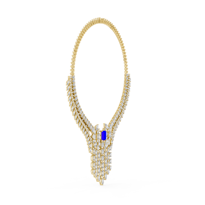 Yellow Gold Royal Blue Statement Necklace | Multi Shape Diamond Choker 82.28ctw