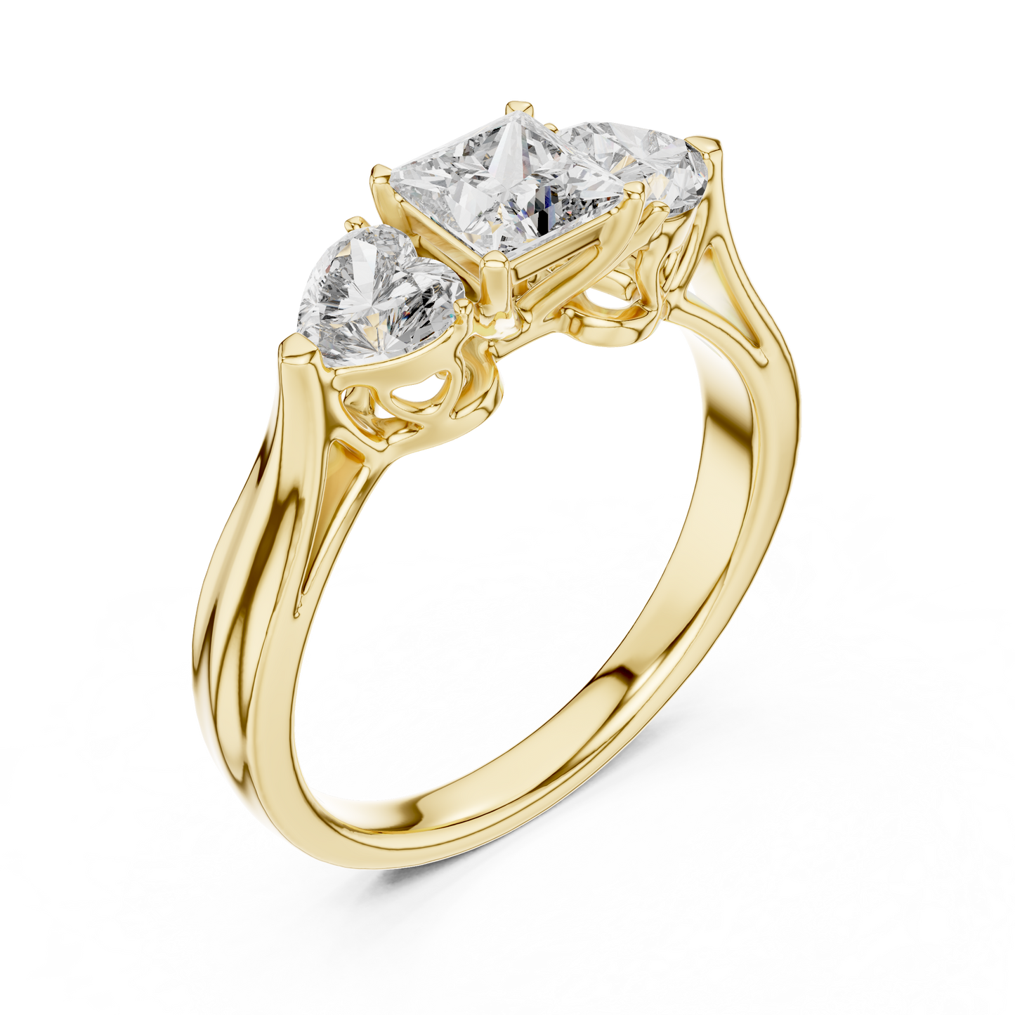 1.27CTW Princess and Heart Cut Three-Stone Diamond Ring in Yellow Gold