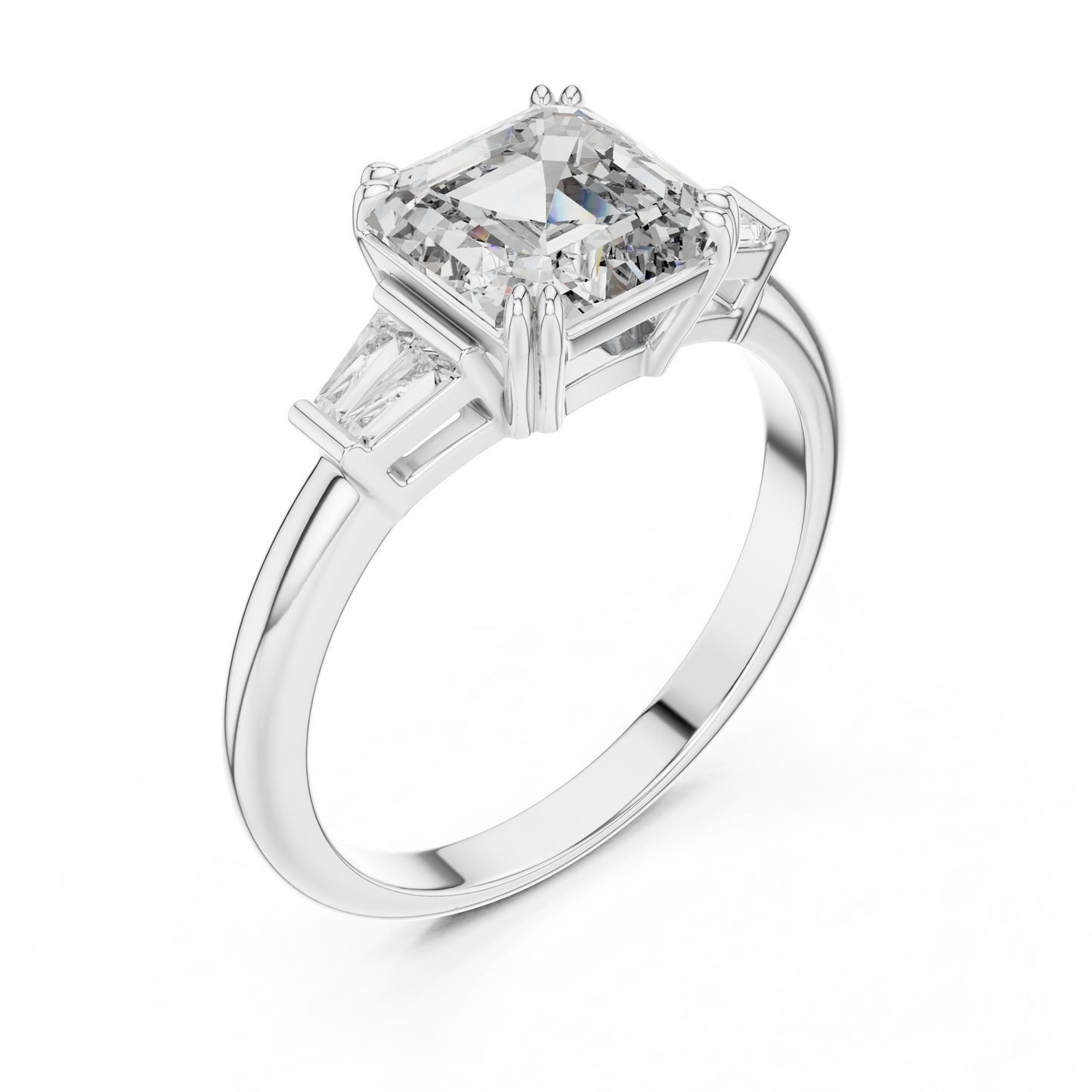 Emerald Cut Diamond Three Stone Engagement Ring in White Gold