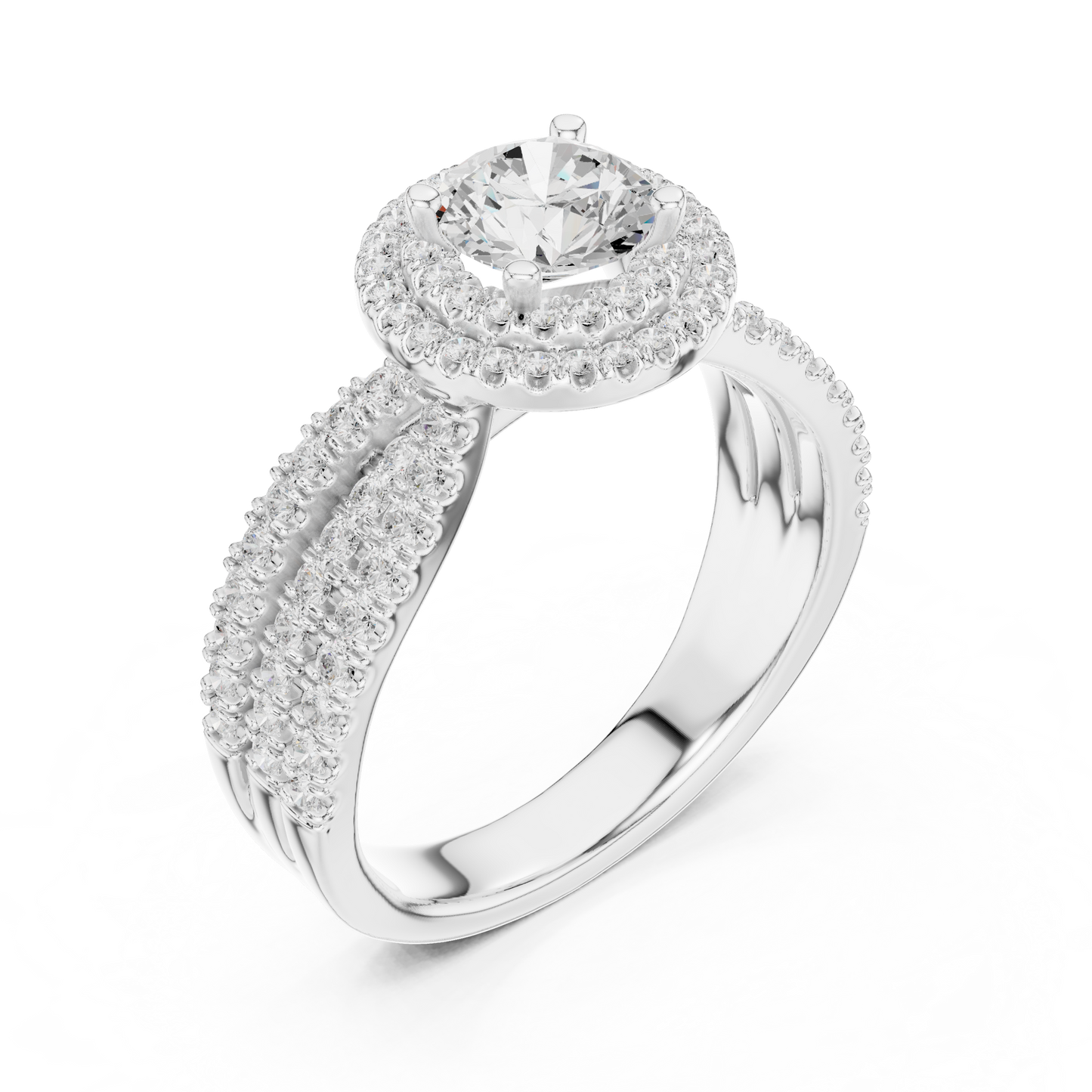 1.60ctw Round Diamond Double Halo Ring Wide Triple Pavé Band - Solid Gold