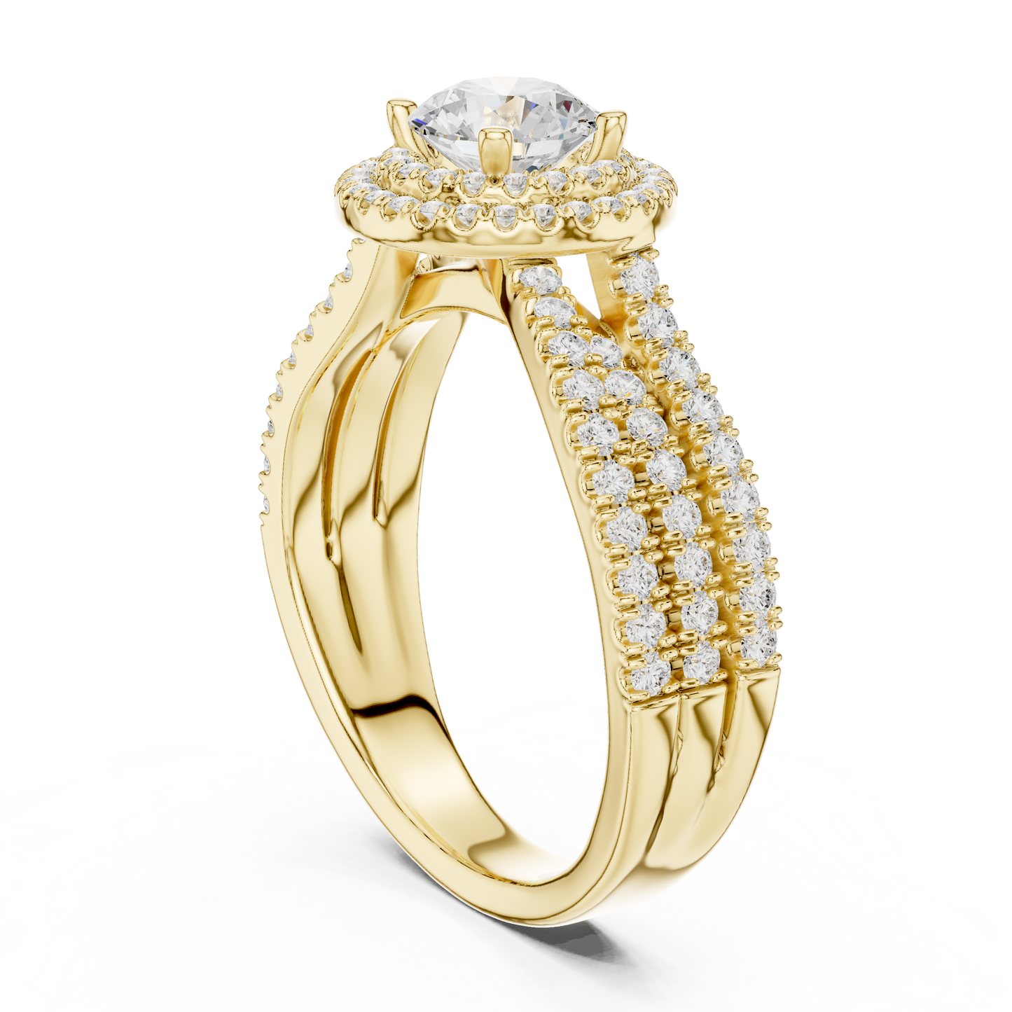 1.60ctw Round Diamond Double Halo Ring Wide Triple Pavé Band - Solid Gold