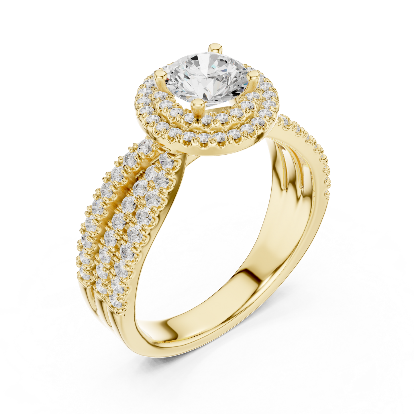 1.60ctw Round Diamond Double Halo Ring Wide Triple Pavé Band - Solid Gold