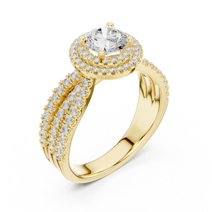 1.60ctw Round Diamond Double Halo Ring Wide Triple Pavé Band - Solid Gold