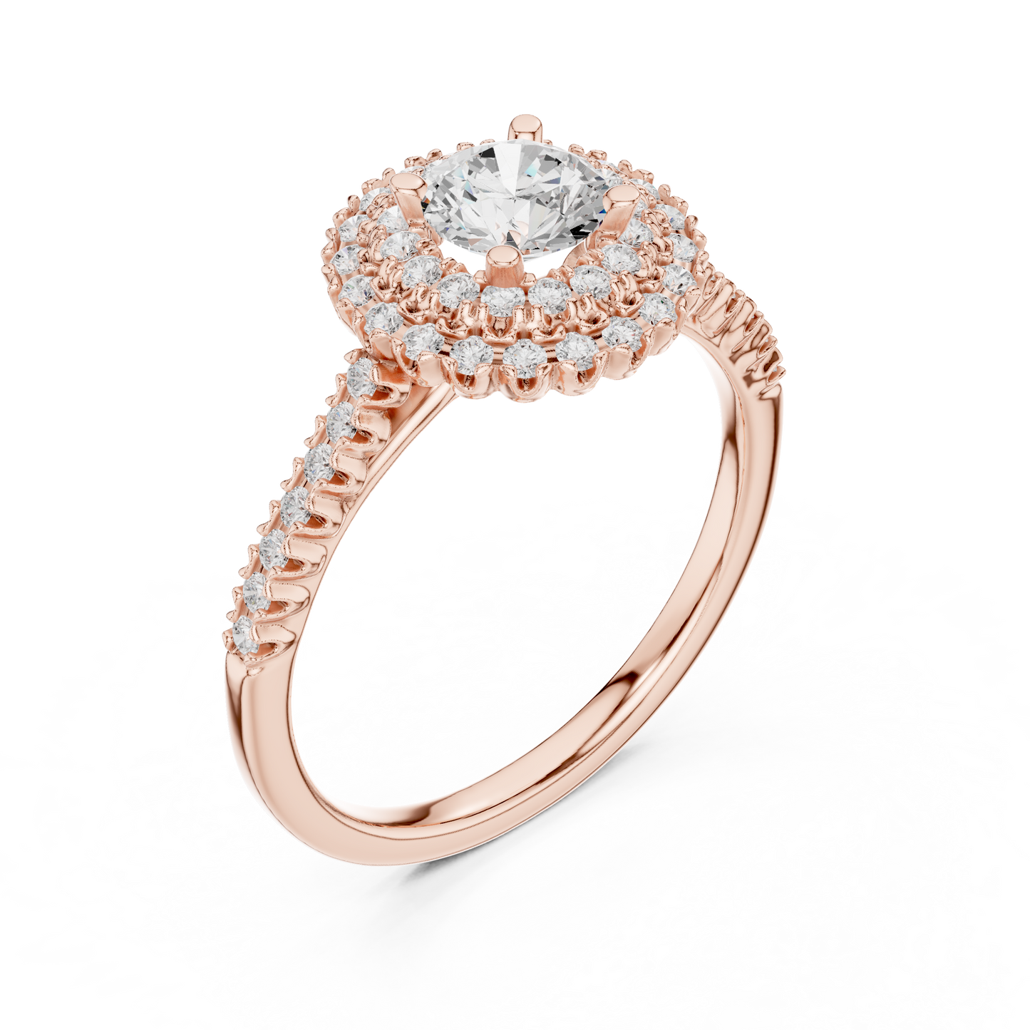 1.03ctw Round Diamond Double Halo Engagement Ring - Solid Gold
