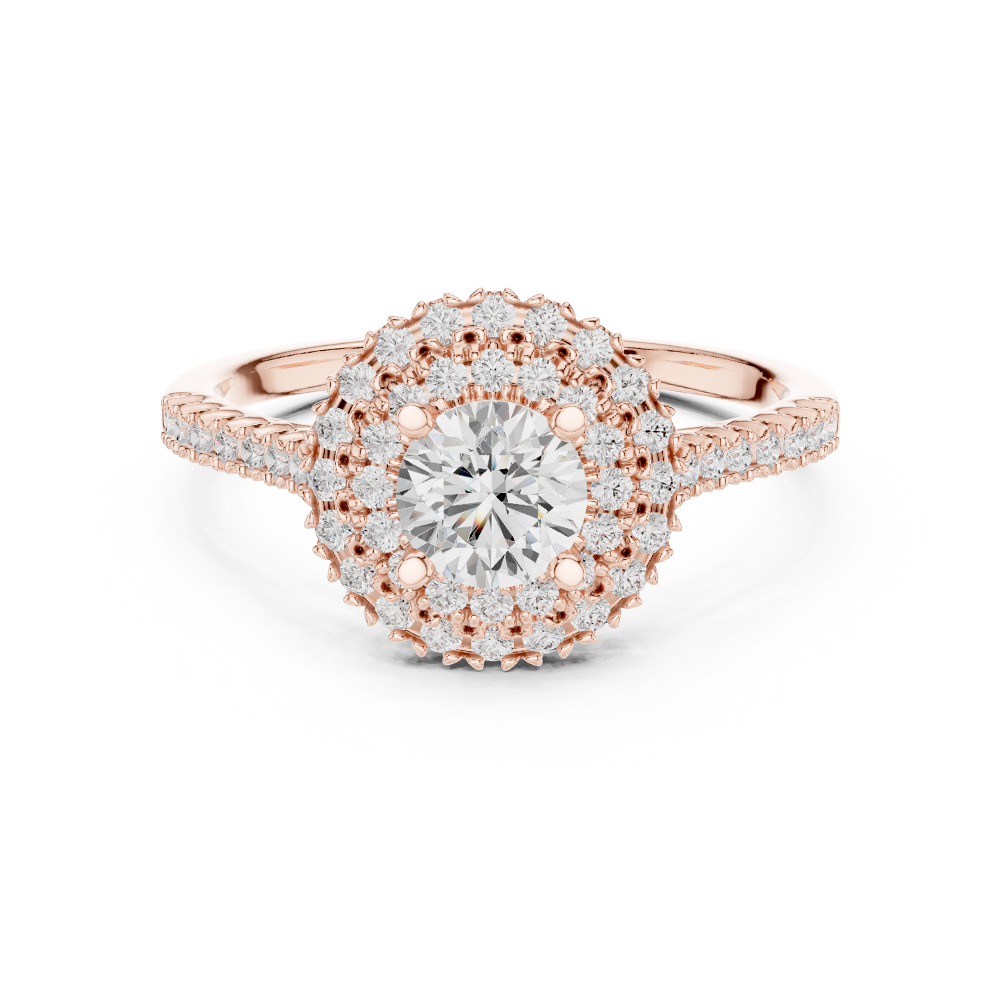 1.03ctw Round Diamond Double Halo Engagement Ring - Solid Gold
