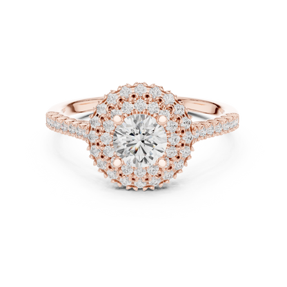 1.03ctw Round Diamond Double Halo Engagement Ring - Solid Gold