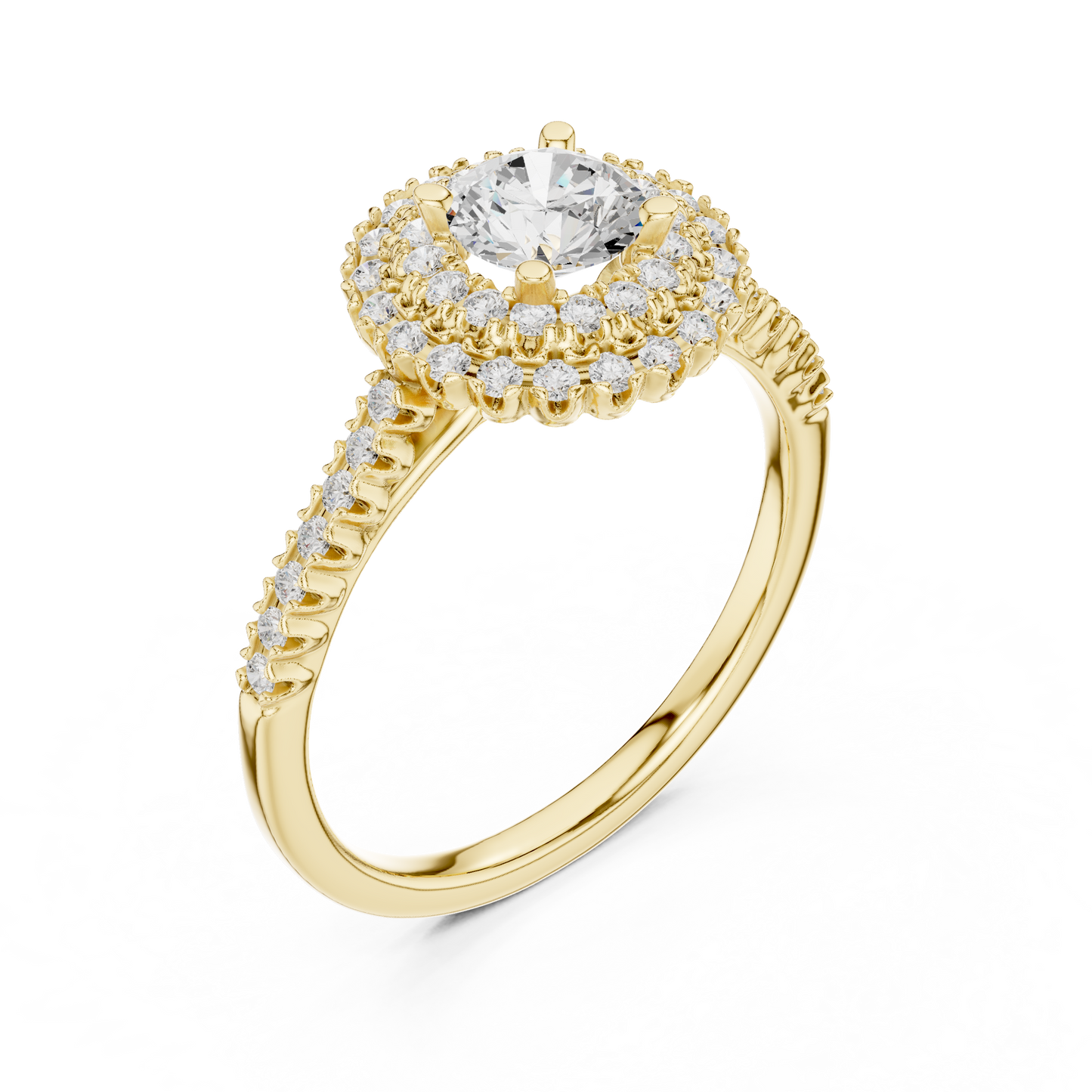 1.03ctw Round Diamond Double Halo Engagement Ring - Solid Gold
