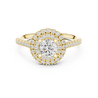 1.03ctw Round Diamond Double Halo Engagement Ring - Solid Gold