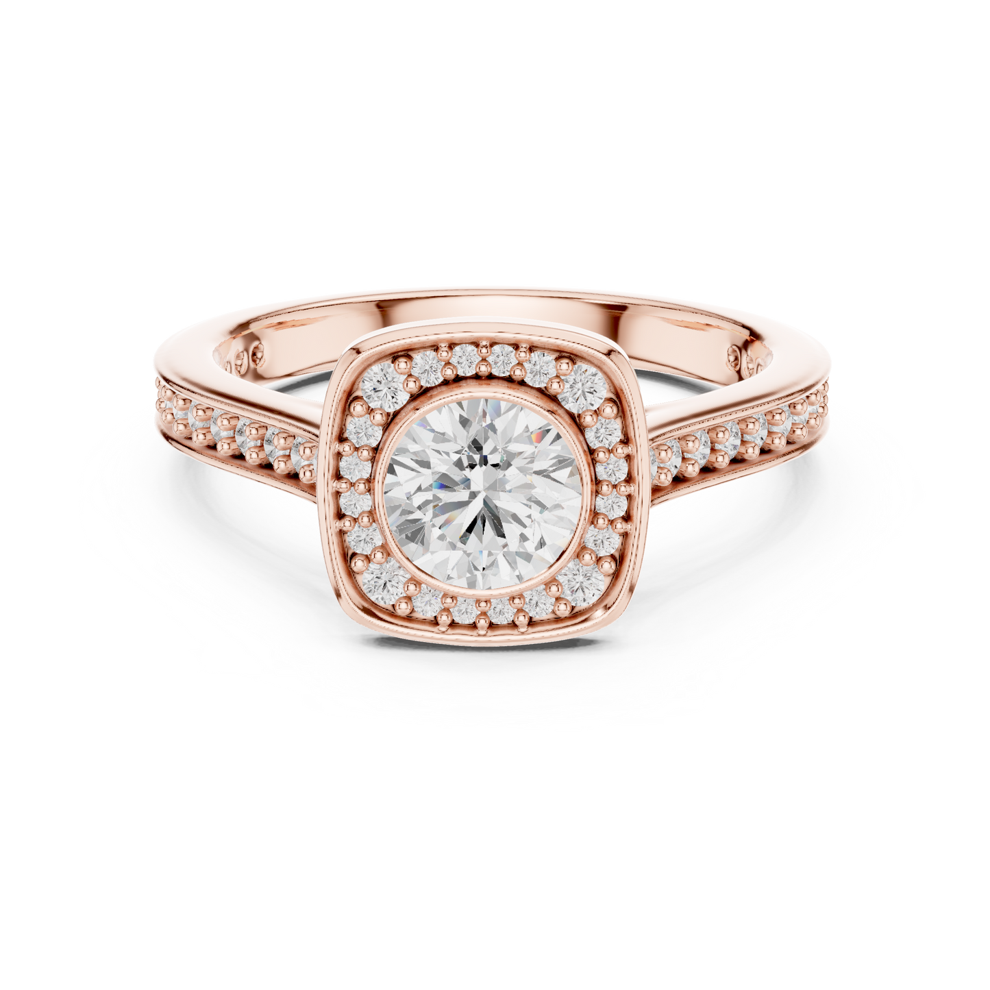 1.07ctw Round Diamond Bezel Cushion Halo Engagement Ring - Solid Gold